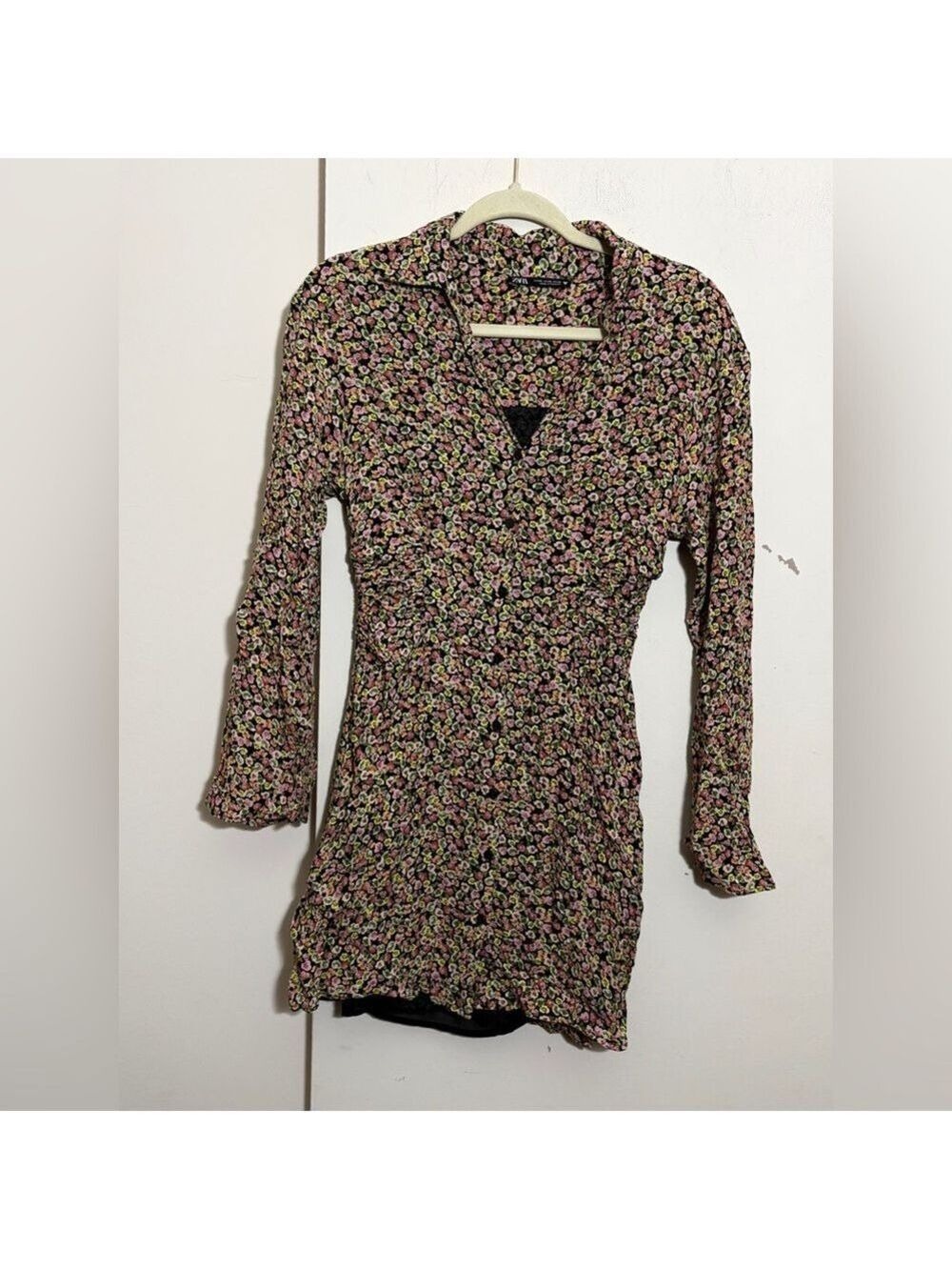 Zara Floral Button Up Mini Long Sleeve Ditsy Print Dress Size XS